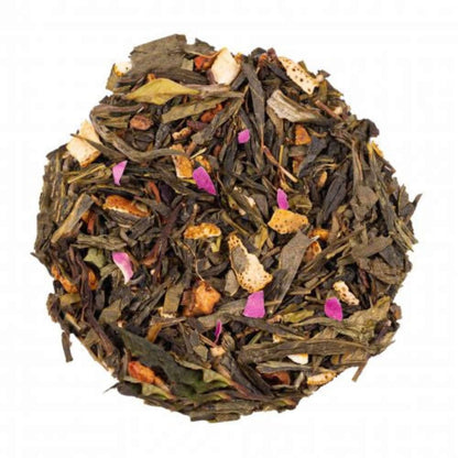 Close-up of loose-leaf Vanilla Apple Strudel Flavoured Green Tea, displaying the dried ingredients and natural texture of the blend.