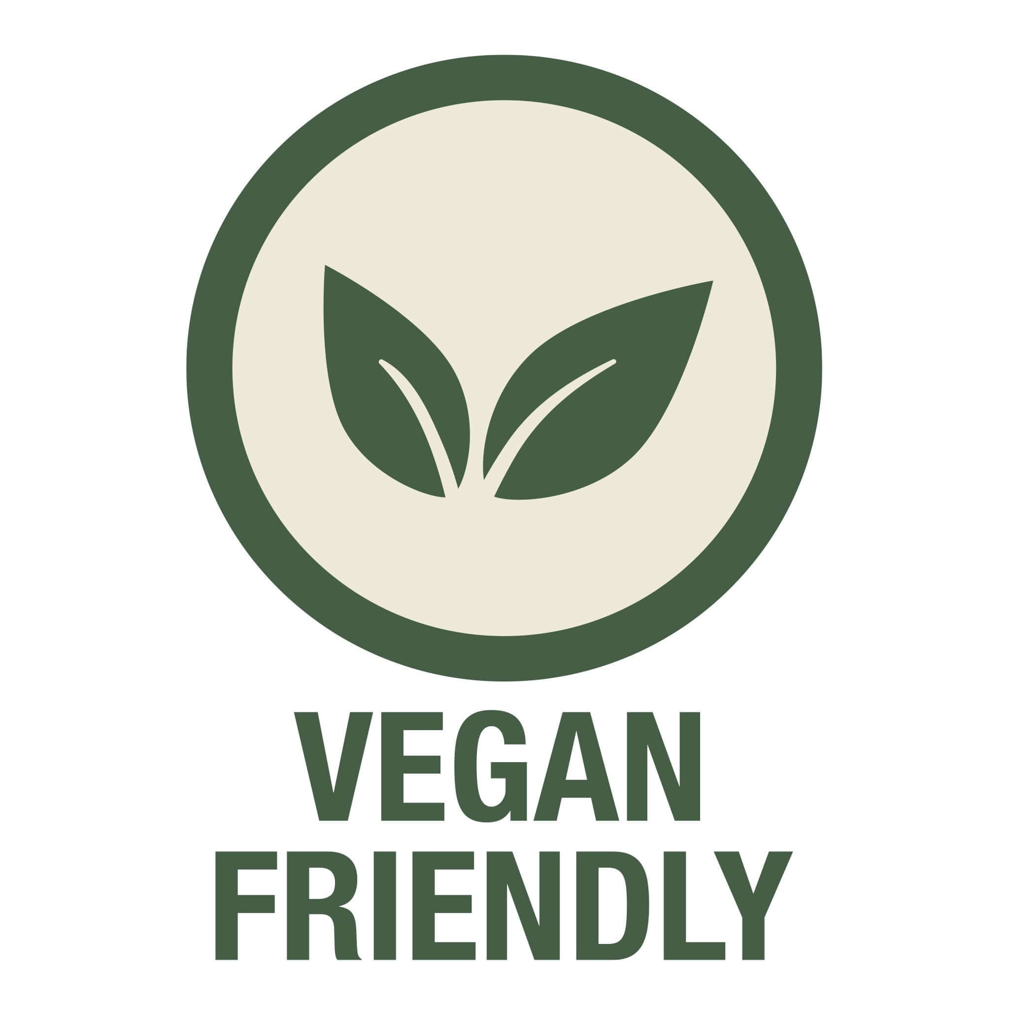 Vegan friendly logo with green leaves and text on a white background