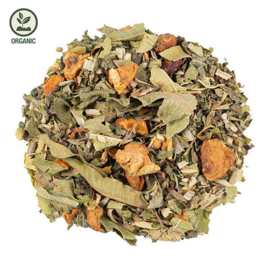 Close-up of loose-leaf Verbena Balm Leaves Organic Herbal Tea, displaying the dried ingredients and natural texture of the blend.