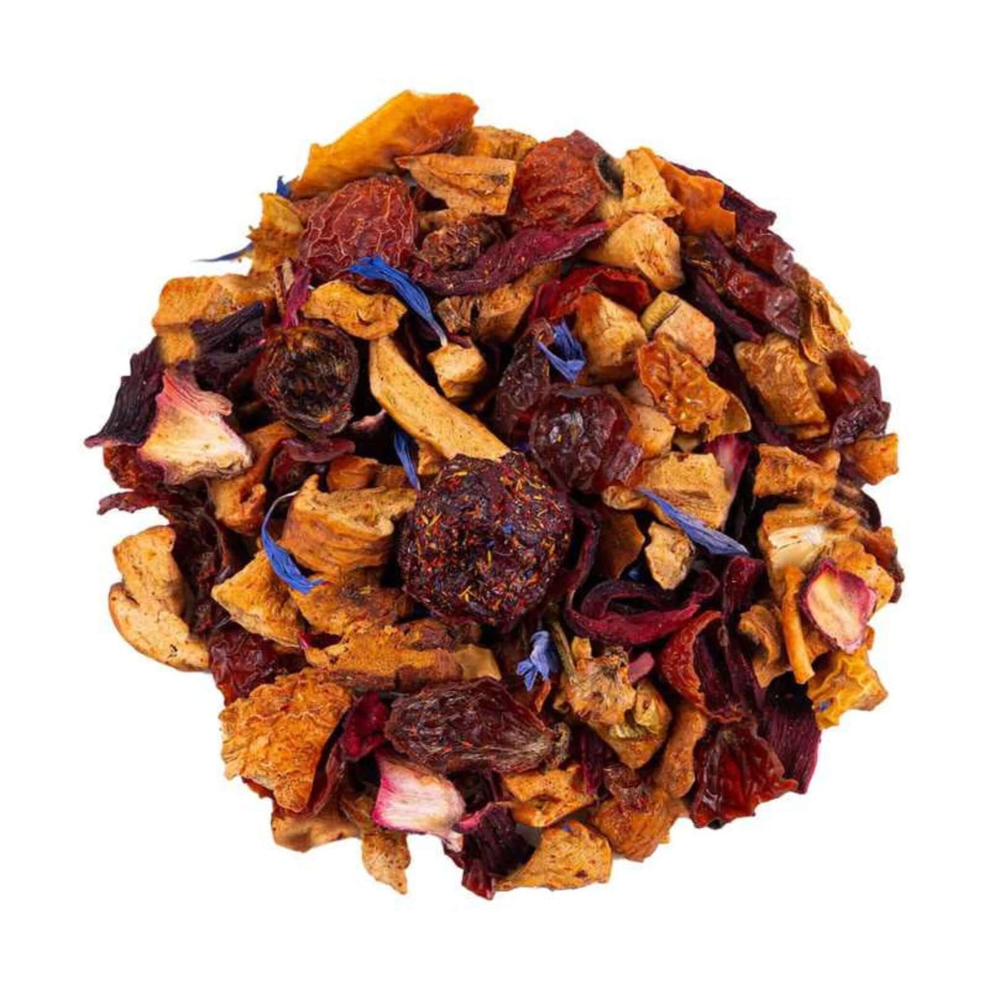 Close-up of loose-leaf Wild Cherry Fruit Tea, displaying the dried ingredients and natural texture of the blend.