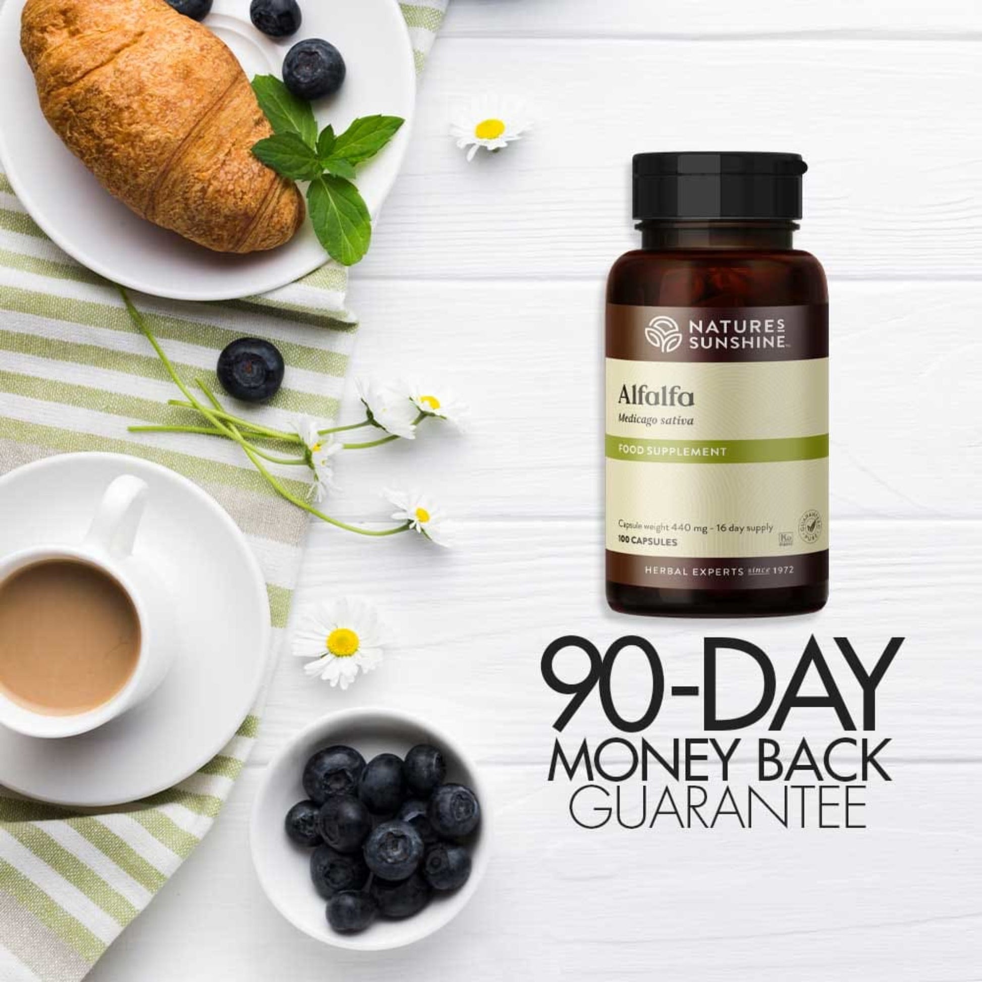 Nature’s Sunshine Alfalfa comes with a 90-day money back guarantee