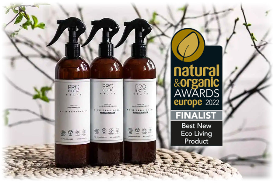 Award-nominated Probiotic Craft cleaners by Lily & Loaf, spotlighting eco-friendly living, with a serene backdrop.