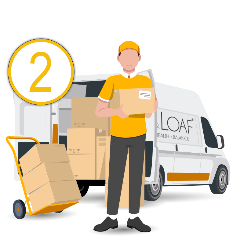A cartoon delivery driver stood in front of a white van with parcels on a stacker, with the number 2 in yellow behind him