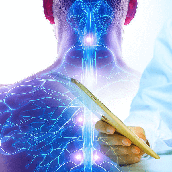 Person holding a pen with a stylized, glowing neck and shoulder area on a white background