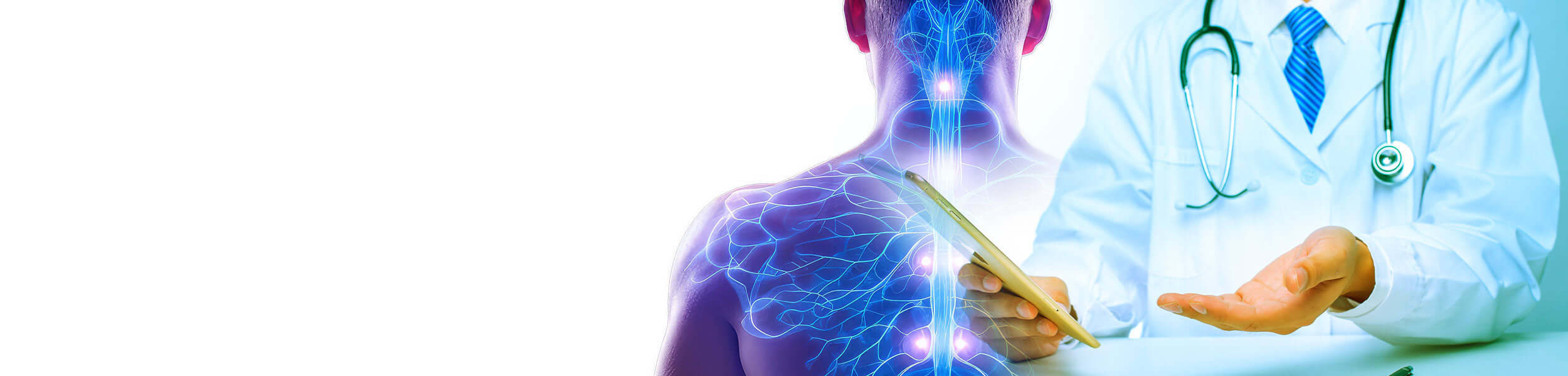 Doctor examining a patient with a glowing shoulder, symbolizing medical examination or treatment.