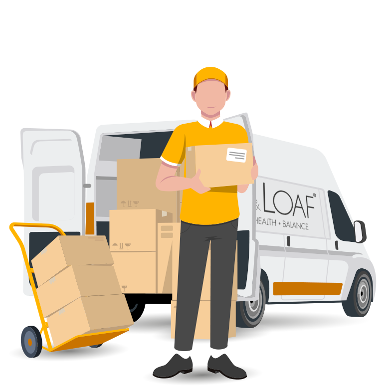 A cartoon image of a Lily & Loaf delivery driver standing in front of a white van with the Lily & Loaf logo, and a parcel trolley filled with boxes