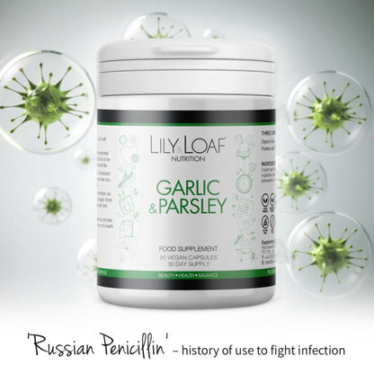 Garlic & Parsley front promoting history of fighting infections