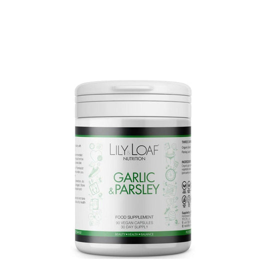 Lily & Loaf Garlic & Parsley supplement, 90 vegan capsules for a 30 day supply. Natural health capsules in white container.