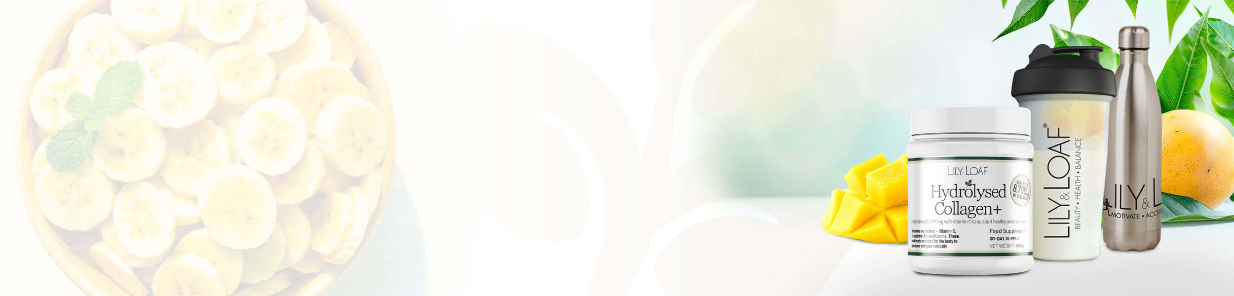 High Strength Hydrolysed Collagen including a jar, bottle, surrounded by Mangoes and Bananas promoting the flavour.