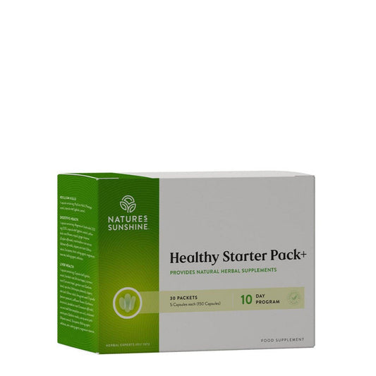 Nature’s Sunshine Healthy Starter Pack+ box containing 30 packets of 5 capsules for a 10 day cleanse
