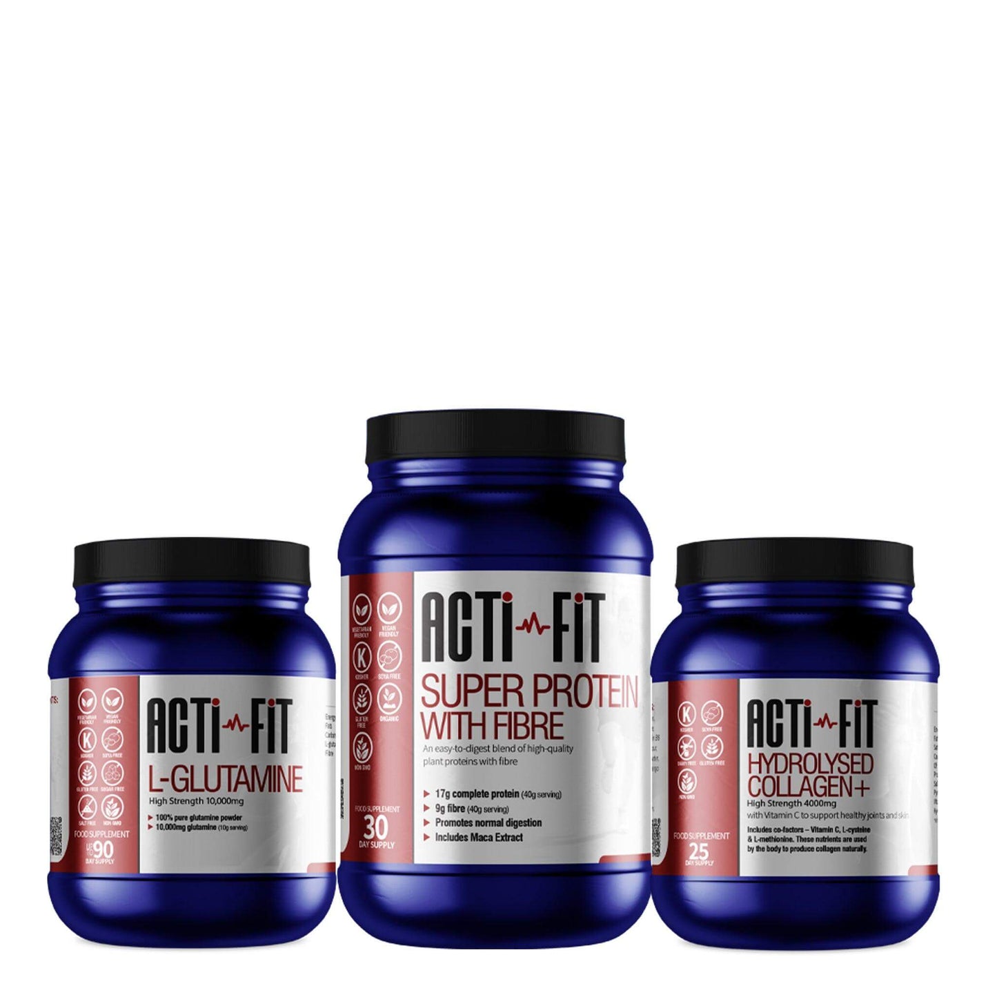 Acti-Fit High Impact Bundle contains L-Glutamine, Super Protein with Fibre and Hydrolysed Collagen+