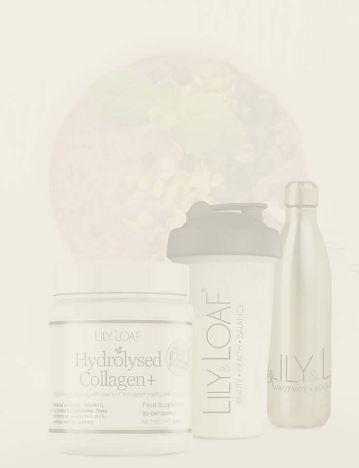 Lily & Loaf improved formula Hydrolysed Collagen next to a shaker bottle on a light background