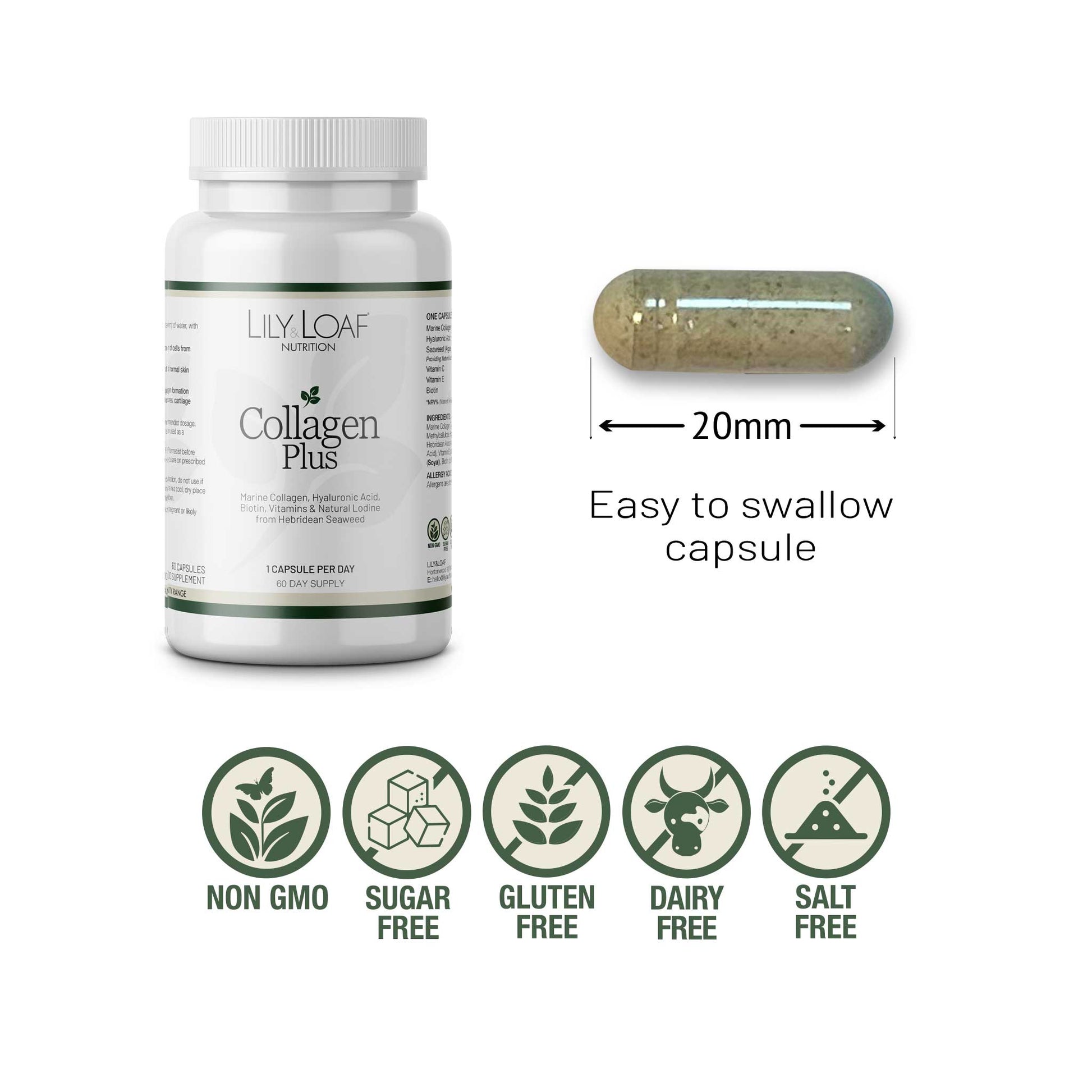 Collagen Plus capsule size and free from symbols