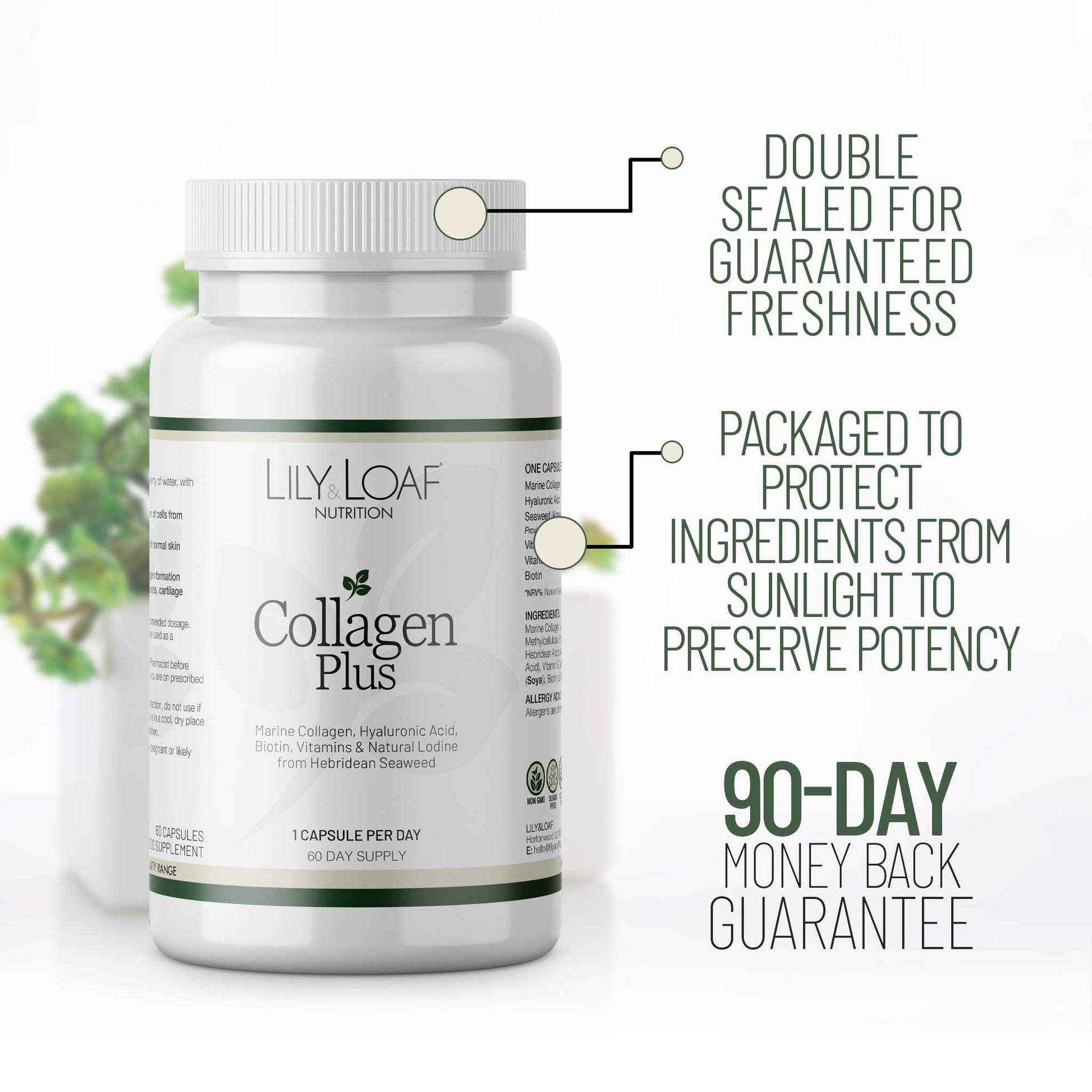 Collagen Plus packaging information and guarantee