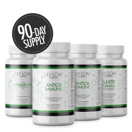 Lily & Loaf Essentials collection comes as a 90 day supply of three top selling products, 5 HTP, Antiox-Immune and Vitamin D3