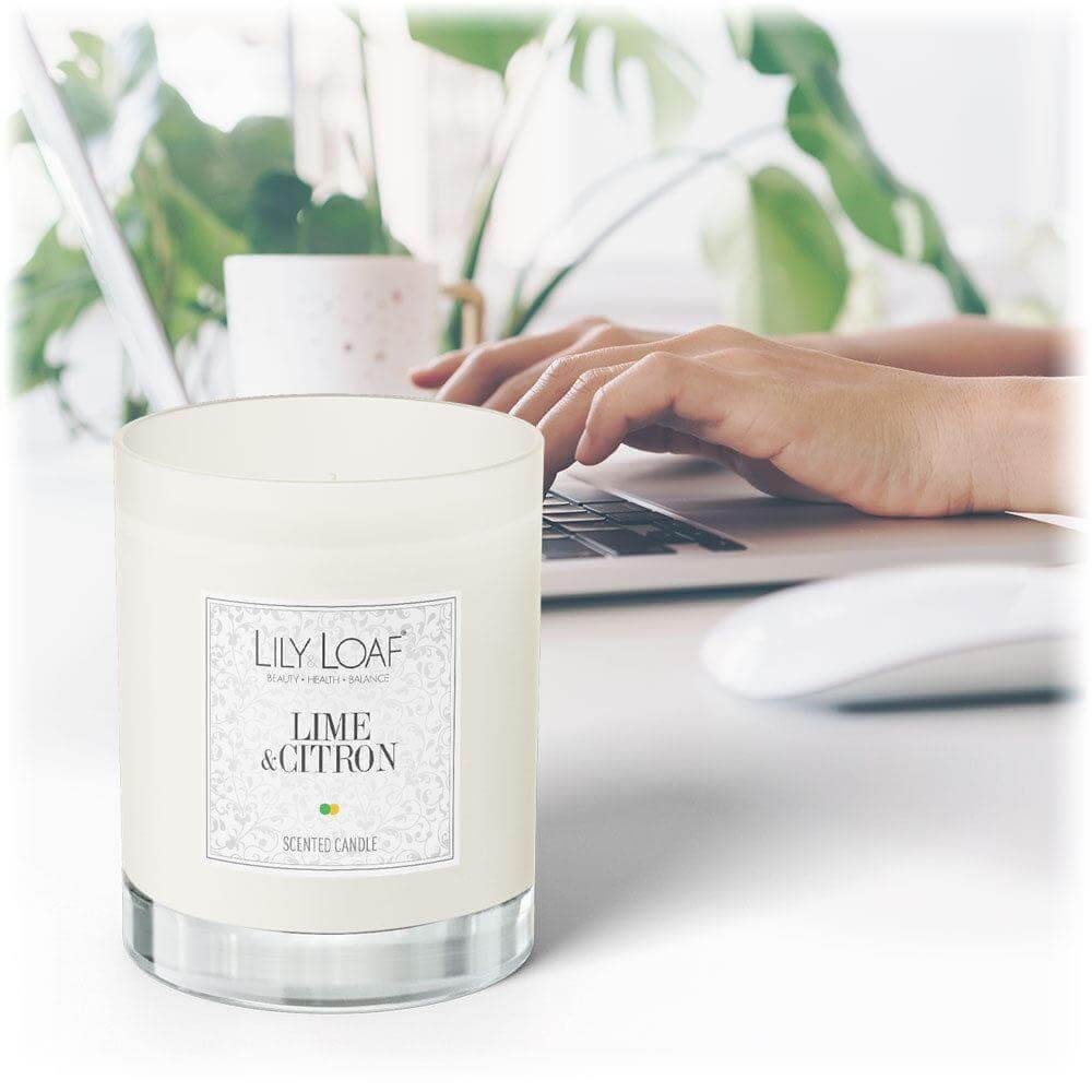 Lime & Citron Soy Wax Candle stood on office desk