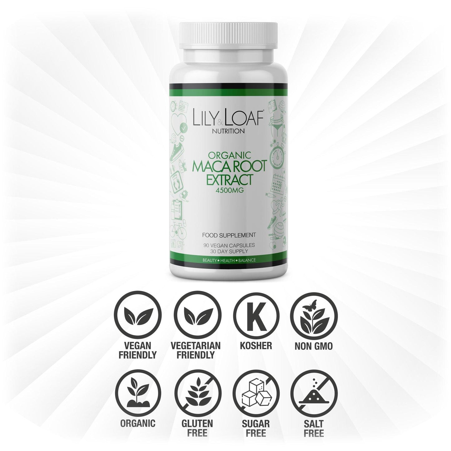 Lily & Loaf Organic Maca Root Extract bottle with 90 vegan capsules, 4500mg, highlighting vegan, vegetarian, kosher, non-GMO, organic, gluten-free, sugar-free, and salt-free features.