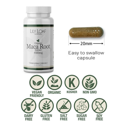 Maca Root Extract vegan, vegetarian, kosher, non-GMO, organic, gluten-free, sugar-free, and salt-free features.