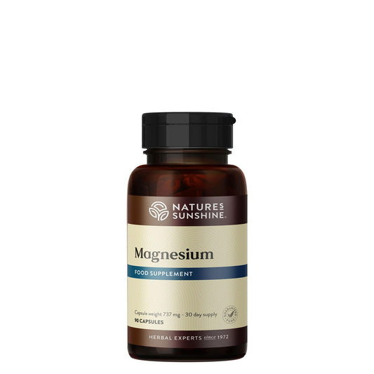An amber bottle of Nature’s Sunshine Magnesium with 90 capsules offering a 30 day supply