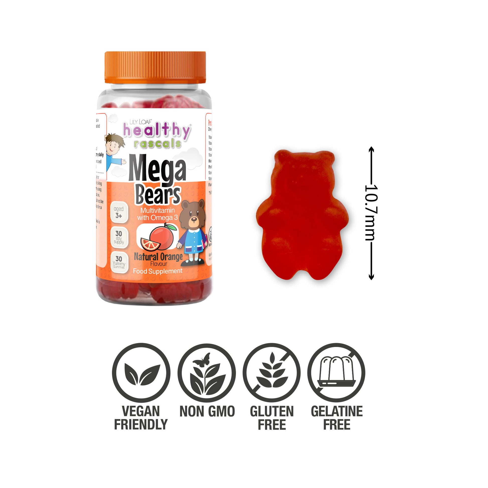 Healthy Rascals Mega Bears multivitamin gummy with omega 3, bear shape size guide and vegan friendly icons
