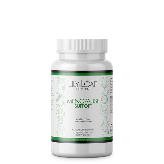 Lily & Loaf Menopause Support supplement in a white bottle, herbal blend for hormonal balance.