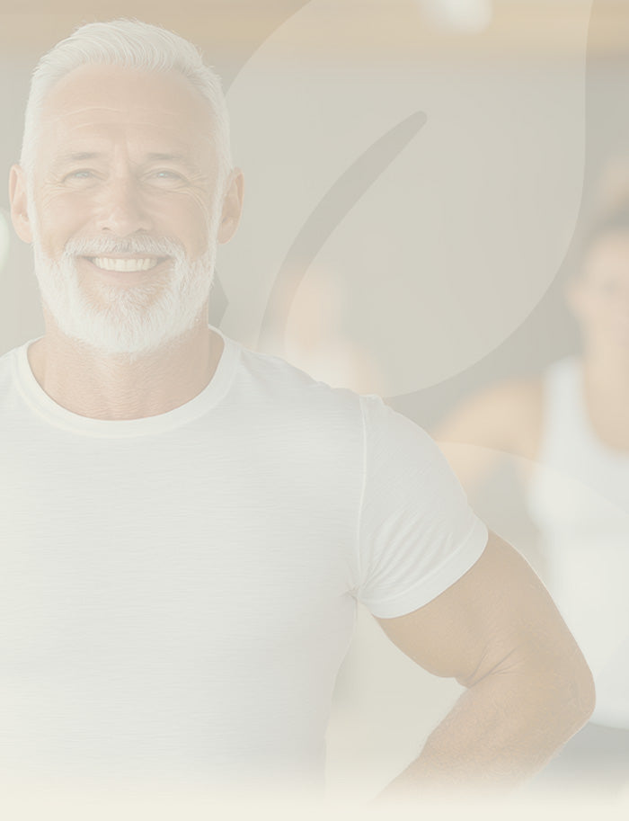 Man with a beard wearing a white t-shirt in a softly blurred indoor setting
