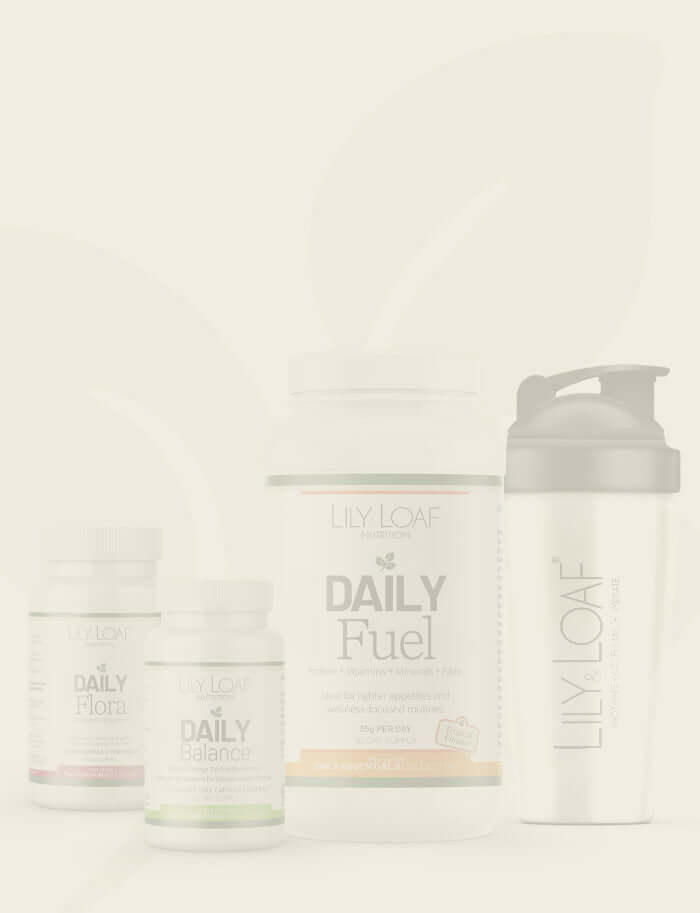 Lily & Loaf Daily Essentials Bundle  includes Daily Fuel, Balance and Flora with a free shaker on a light background