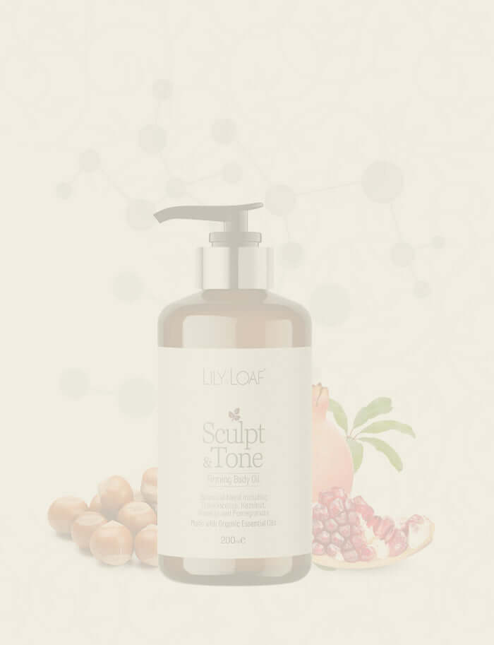 Bottle of Sculpt & Tone Body Firming oil on with pump on a light background