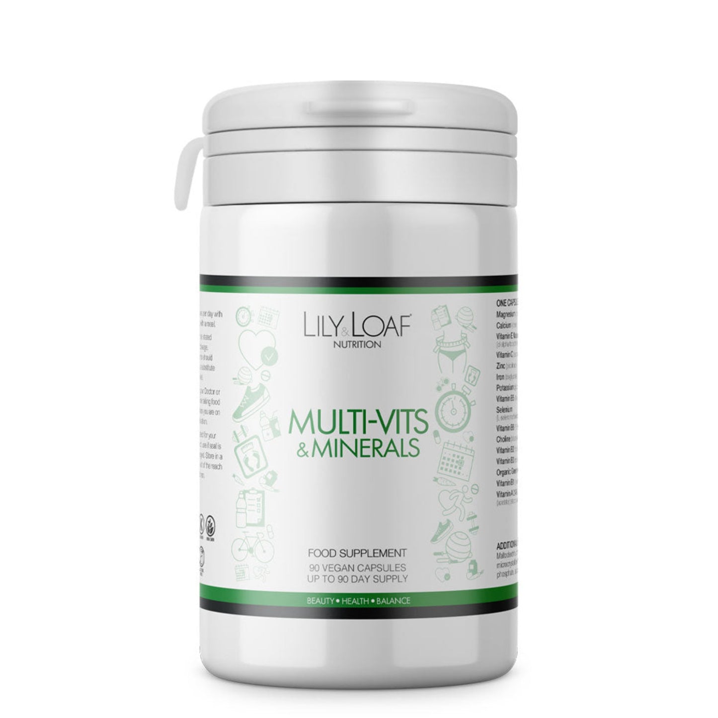Lily & Loaf Multi-Vits & Minerals supplement bottle with 90 vegan capsules, providing a comprehensive blend of vitamins and minerals for overall health.