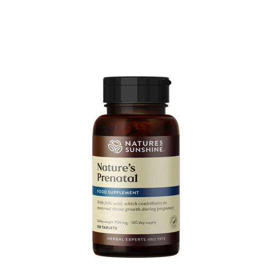 An amber bottle of Nature’s Sunshine Nature’s Prenatal offering 120 tablets for a 120 day supply