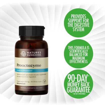 Dark amber bottle of Nature's Sunshine Proactazyme supplement, containing 100 capsules for a 16-33 day supply, supporting macronutrient digestion.
