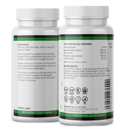 The image is of two bottles of Lily & Loaf's Organic Prostate Support dietary supplement showing the front and back labels. The back label provides detailed product information.