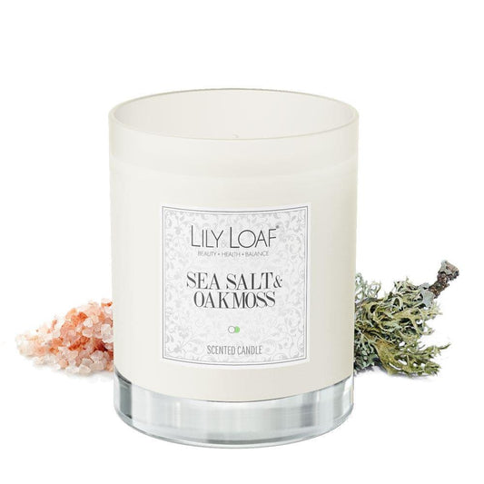 Lily & Loaf Sea Salt & Oakmoss Soy Wax Candle with sea salt and oak moss at the base