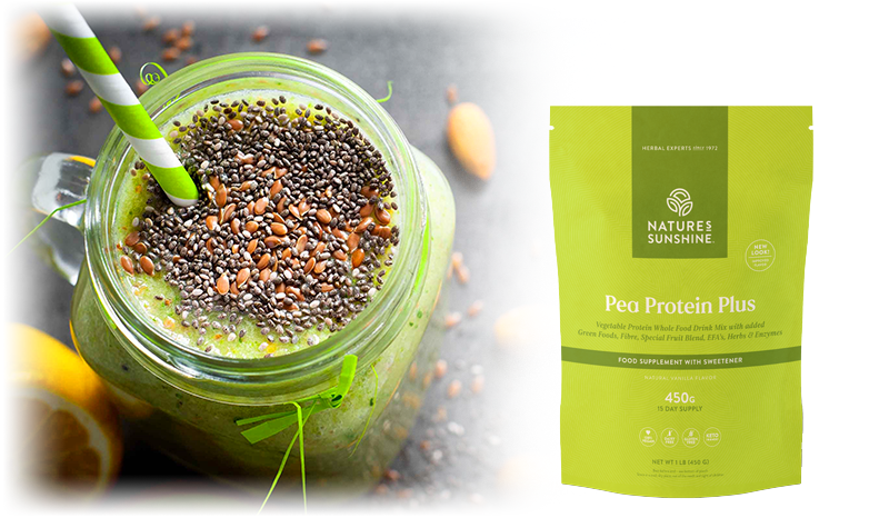 Green pea protein smoothie topped with seeds, alongside Lily & Loaf's Pea Protein Plus packaging.