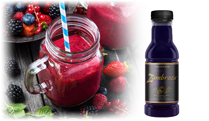 Berry smoothie in a jar next to Lily & Loaf's Zambroza bottle, a natural energy-boosting supplement.