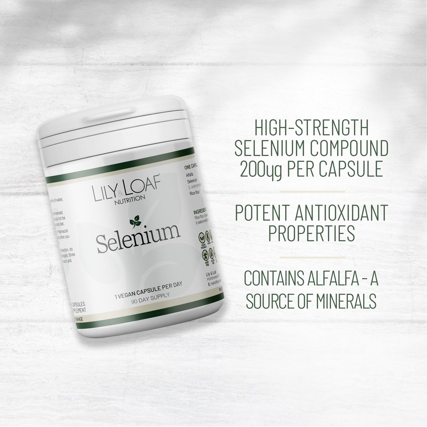 Selenium capsule facts such as potent antioxidant and contains alfalfa