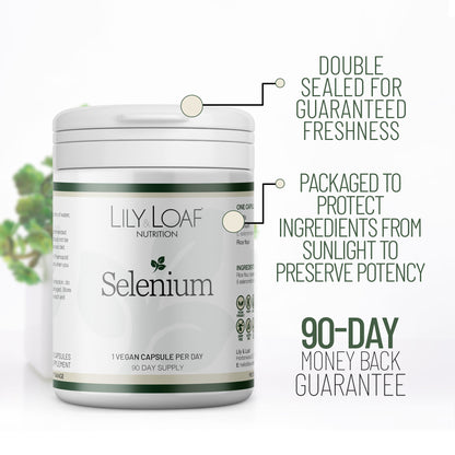 Selenium capsules package information and 90-day guarantee