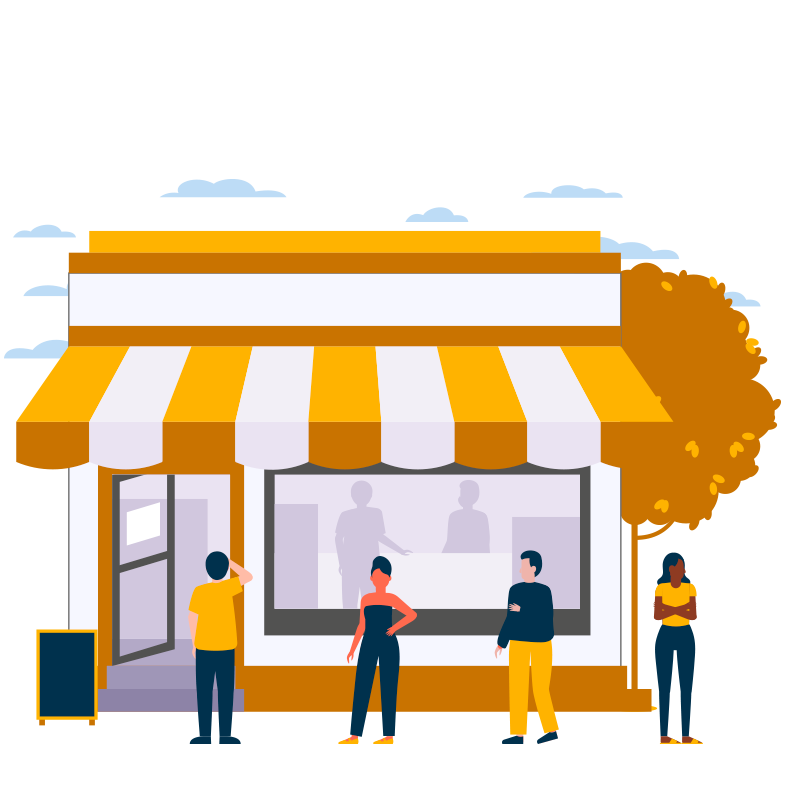 A cartoon image of people stood outside a shop with striped yellow and white awning