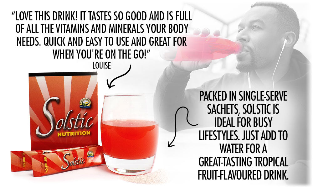 Man enjoying Solstic Nutrition drink, with a testimonial, highlighting on-the-go vitamin support by Lily & Loaf.