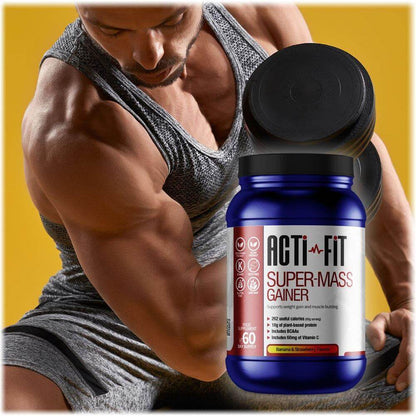 Muscular man lifting a dumbbell beside Acti-Fit Super-Mass Gainer tub, highlighting a high-calorie protein supplement for muscle gain.