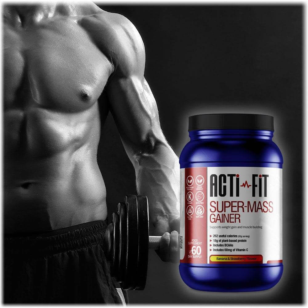 Muscular male torso lifting a dumbbell beside Acti-Fit Super-Mass Gainer tub, showcasing a high-calorie protein supplement for muscle growth.