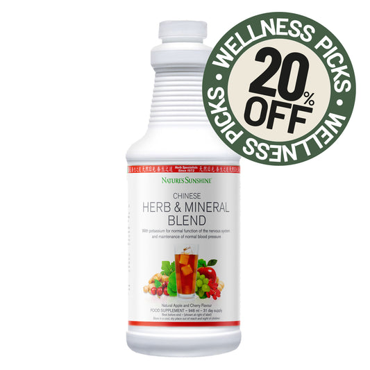 Nature's Sunshine Chinese Herb & Mineral Blend, featuring a green and white 'Wellness Picks 20% Off' promotional badge on the top right, set against a plain white background.