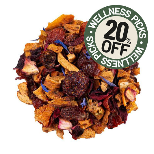 Wild Cherry tea blend featuring dried fruits, roots, and small blue flowers, with a green circular promotional sticker reading 'Wellness Picks 20% Off' in the upper right area.