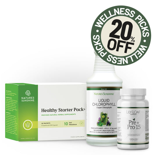 A wellness supplement bundle featuring a Healthy Starter Pack+, Liquid Chlorophyll, and Pre-Pro 15, with a green 'Wellness Picks 20% Off' promotional badge on a white background.