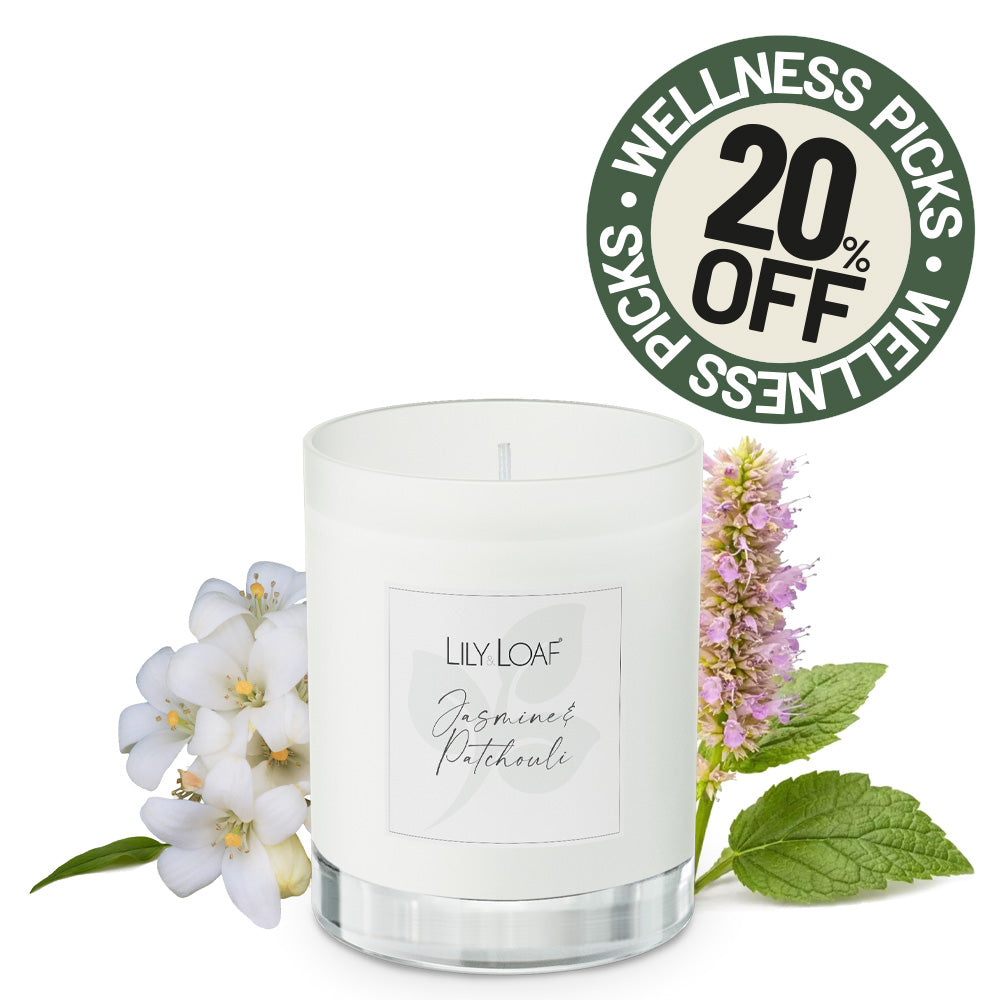 Lily & Loaf Jasmine & Patchouli candle with a green circular badge in the top right reads '20% OFF WELLNESS PICKS'.