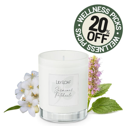 Lily & Loaf Jasmine & Patchouli candle with a green circular badge in the top right reads '20% OFF WELLNESS PICKS'.