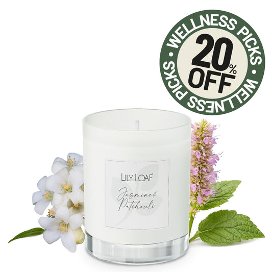 Lily & Loaf Jasmine & Patchouli candle with a green circular badge in the top right reads '20% OFF WELLNESS PICKS'.