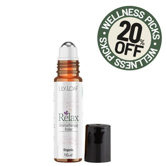 Lily & Loaf Relax Aromatherapy Roller bottle with a green '20% OFF Wellness Picks' promotional badge in the top right.