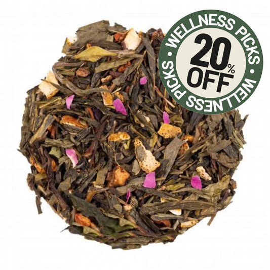 Vanilla Apple Strudel Green Tea, with a green promotional badge reading 'Wellness Picks 20% Off' in the upper right.