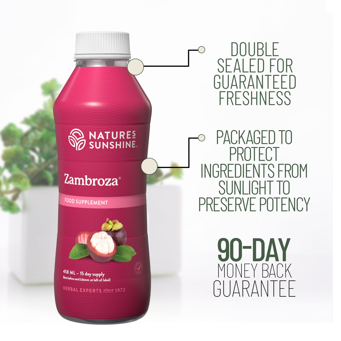 Nature’s Sunshine Zambroza supplement bottle with freshness and packaging benefit text on a light background